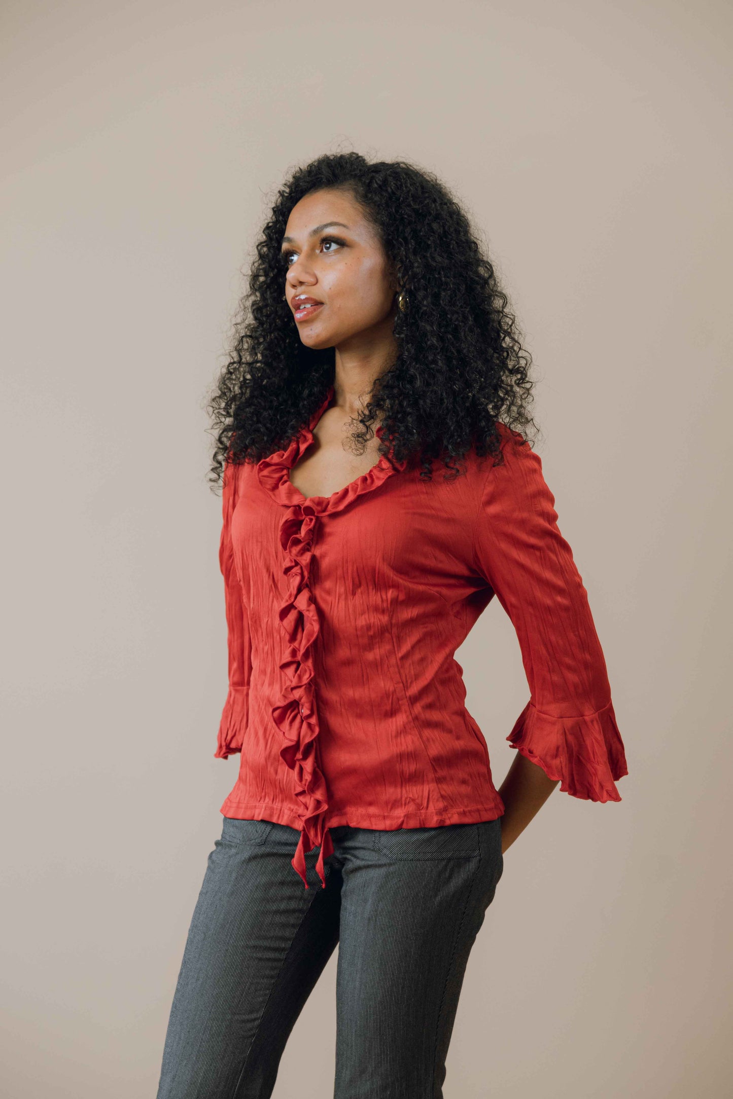 Hook front ruffle blouse