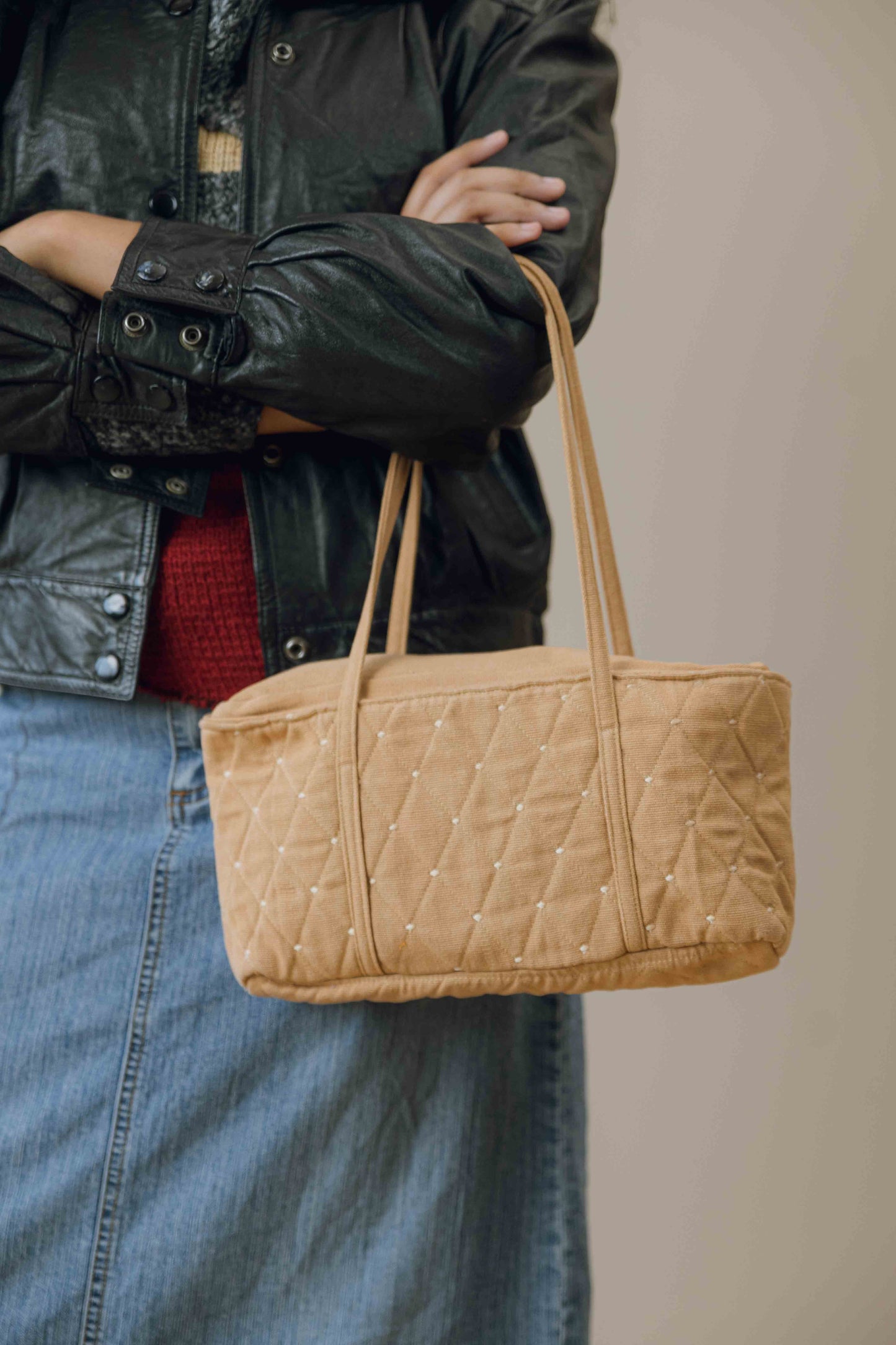 Embroidered twill shoulder bag