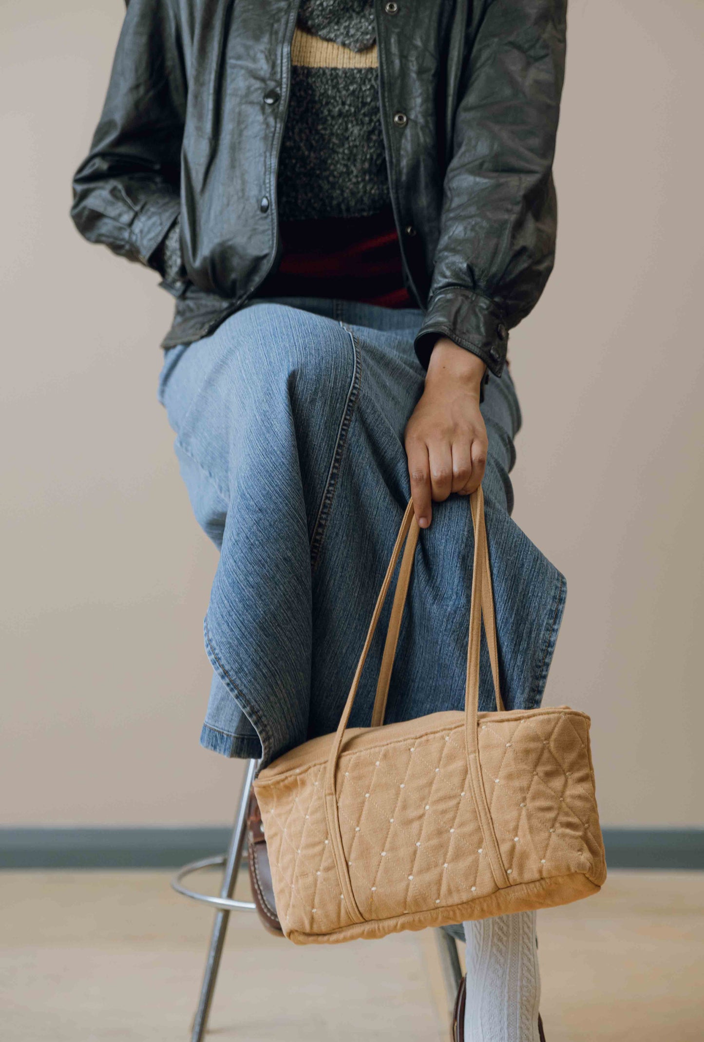 Embroidered twill shoulder bag