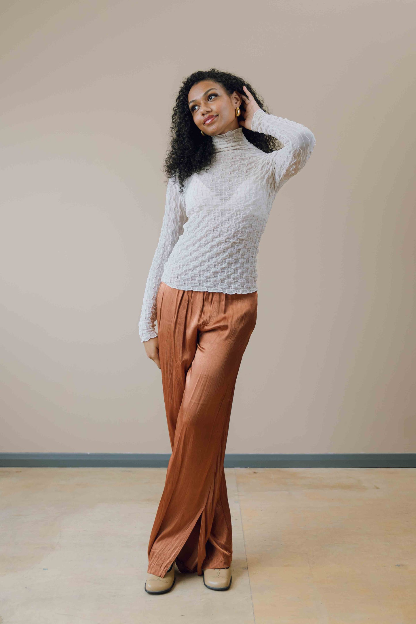 Crinkle shirred turtleneck long sleeve top
