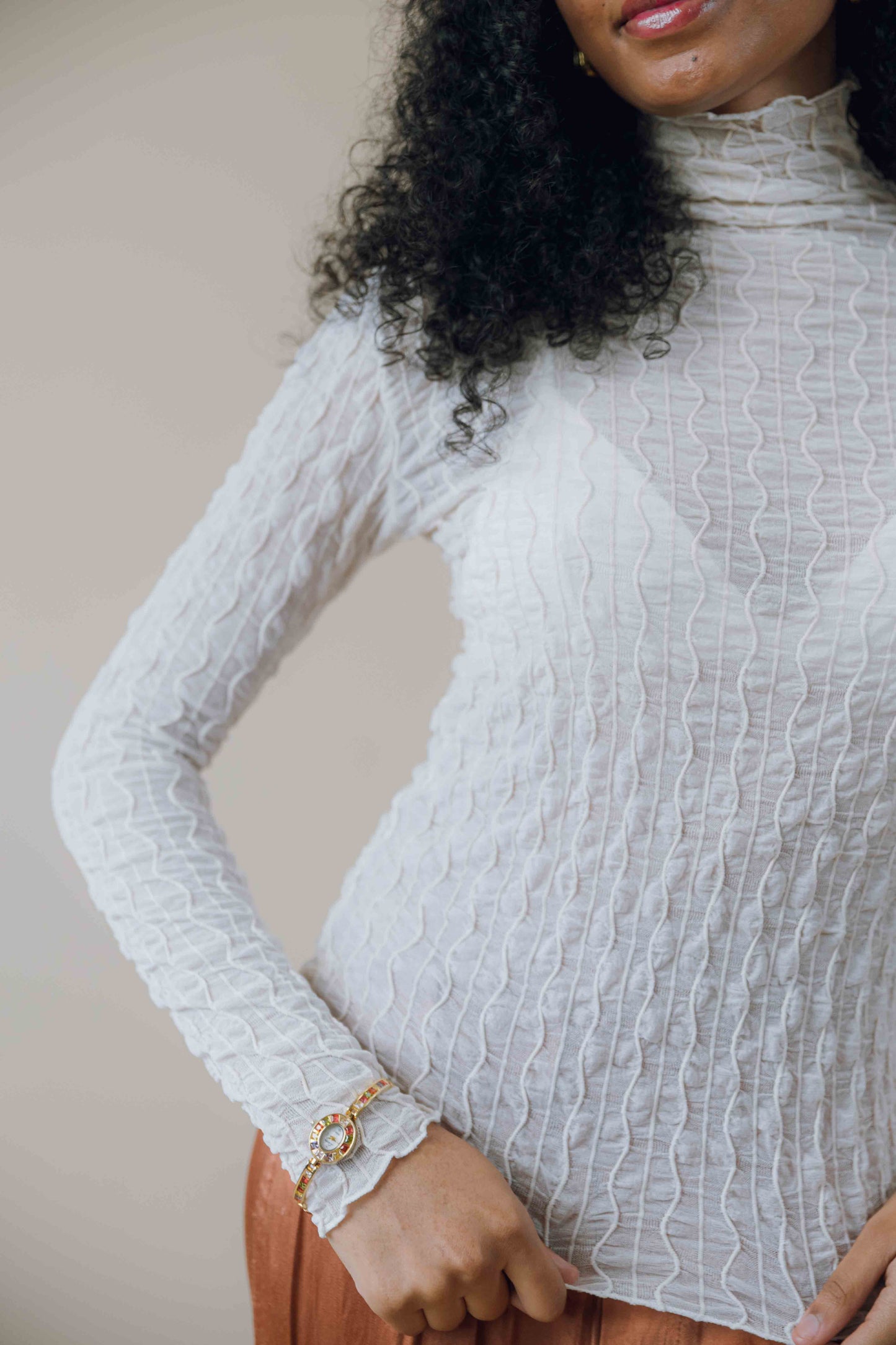 Crinkle shirred turtleneck long sleeve top