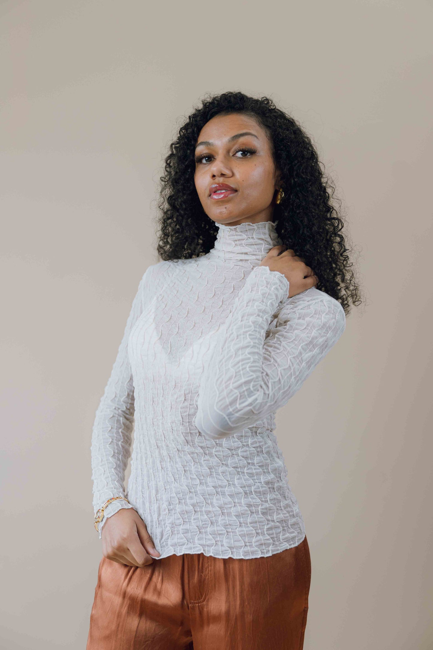 Crinkle shirred turtleneck long sleeve top