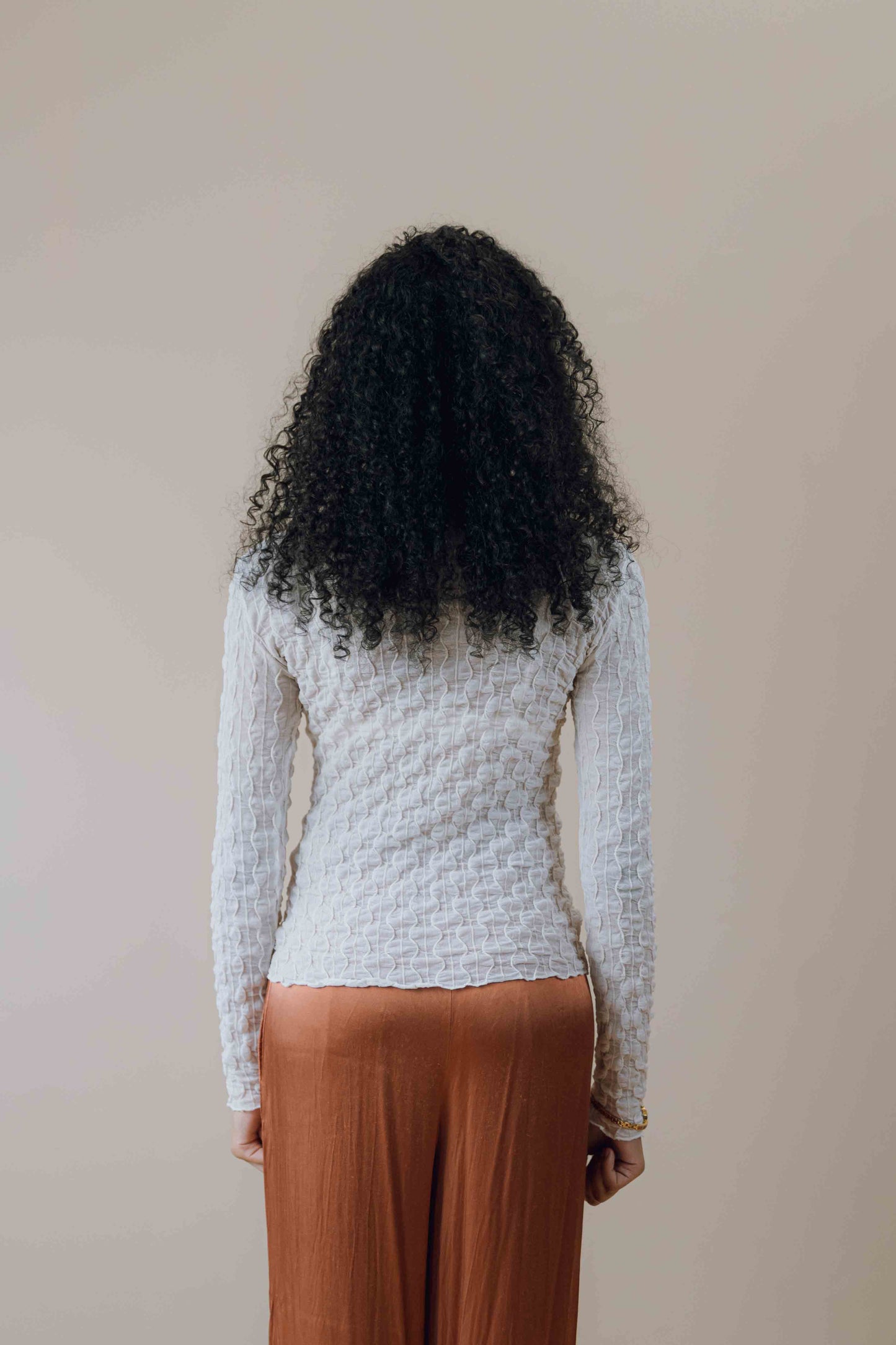 Crinkle shirred turtleneck long sleeve top
