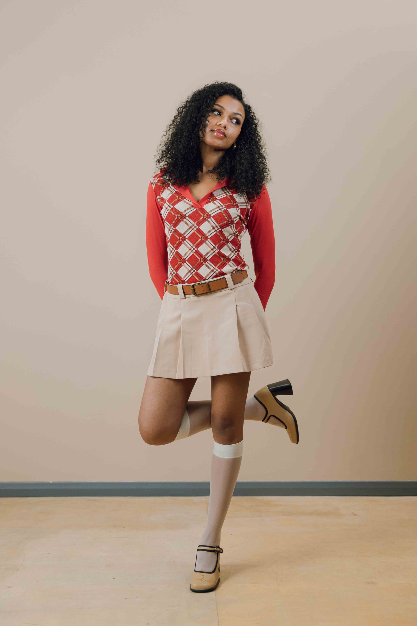 Argyle mesh long sleeve top