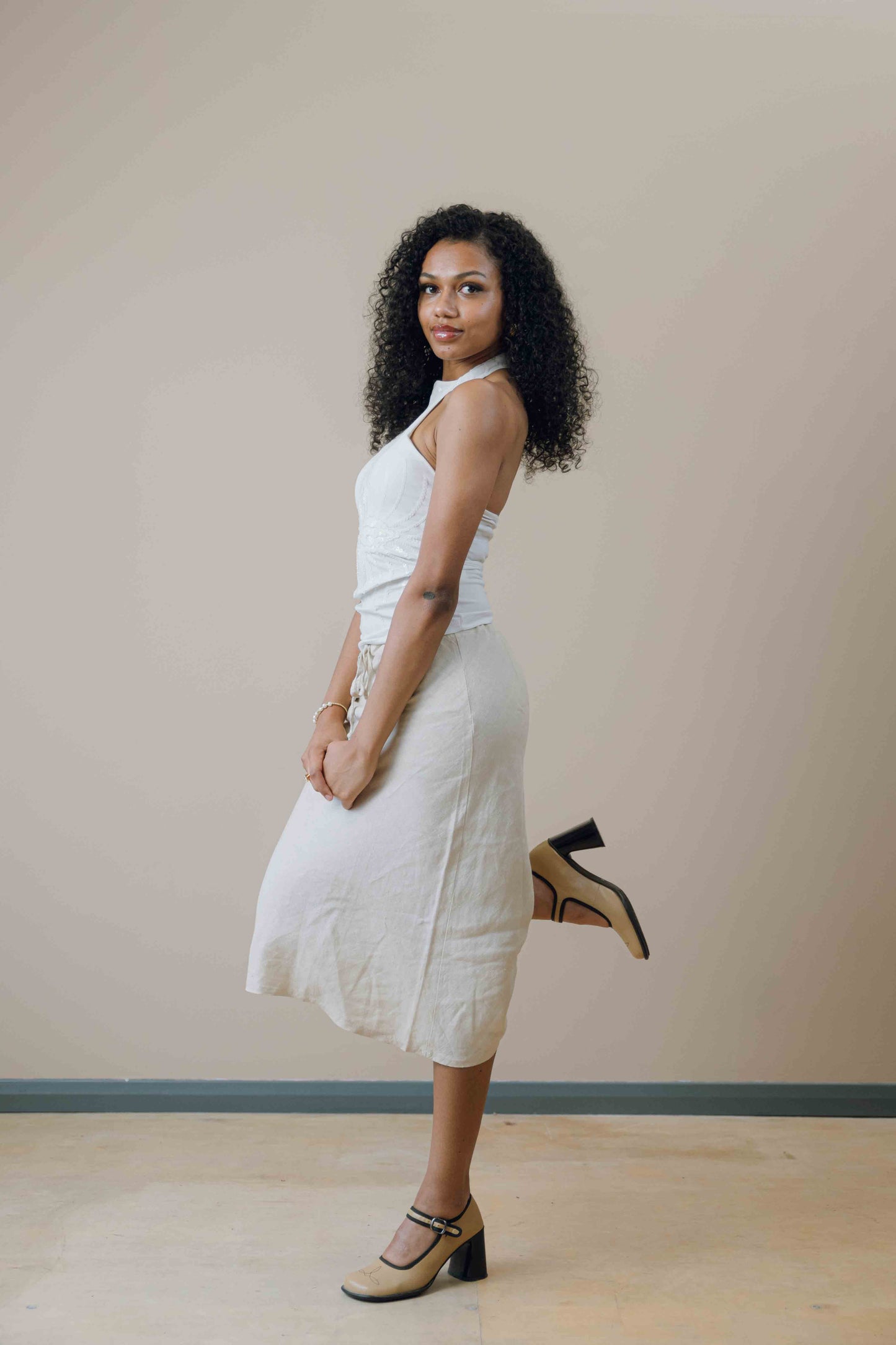 Linen drawstring waist midi skirt