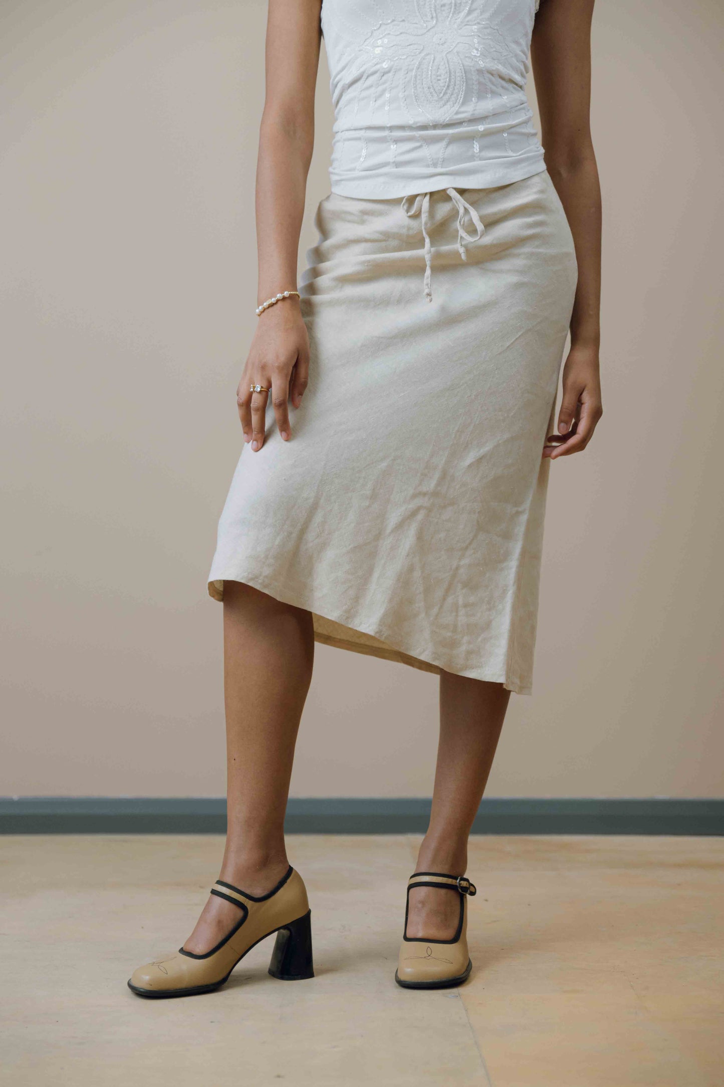 Linen drawstring waist midi skirt