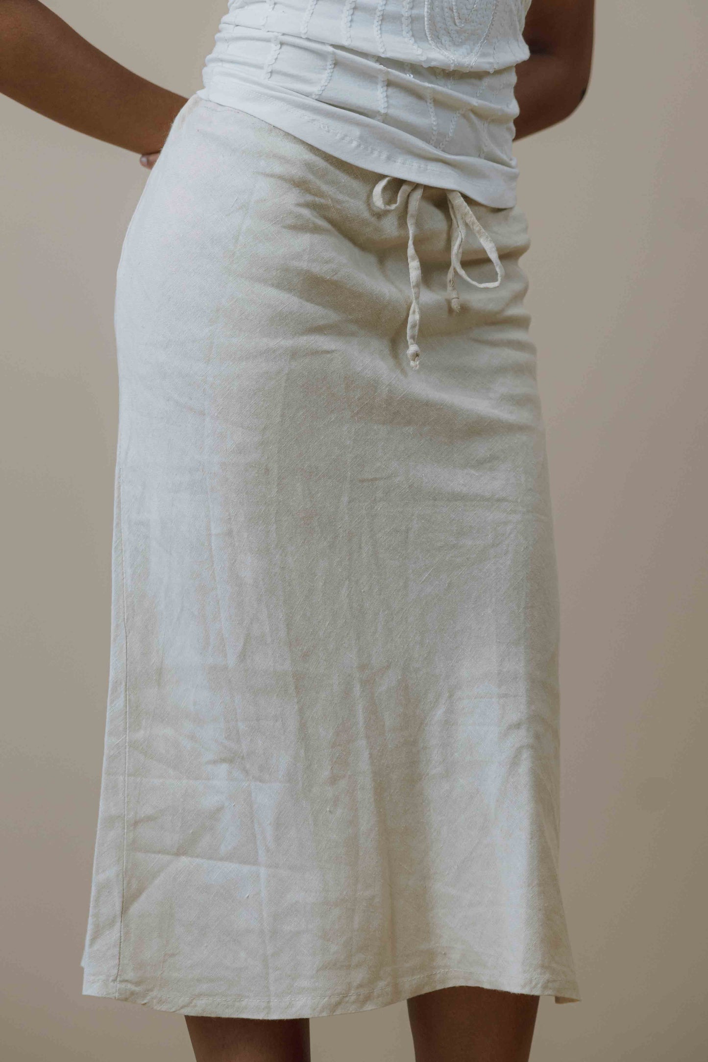 Linen drawstring waist midi skirt