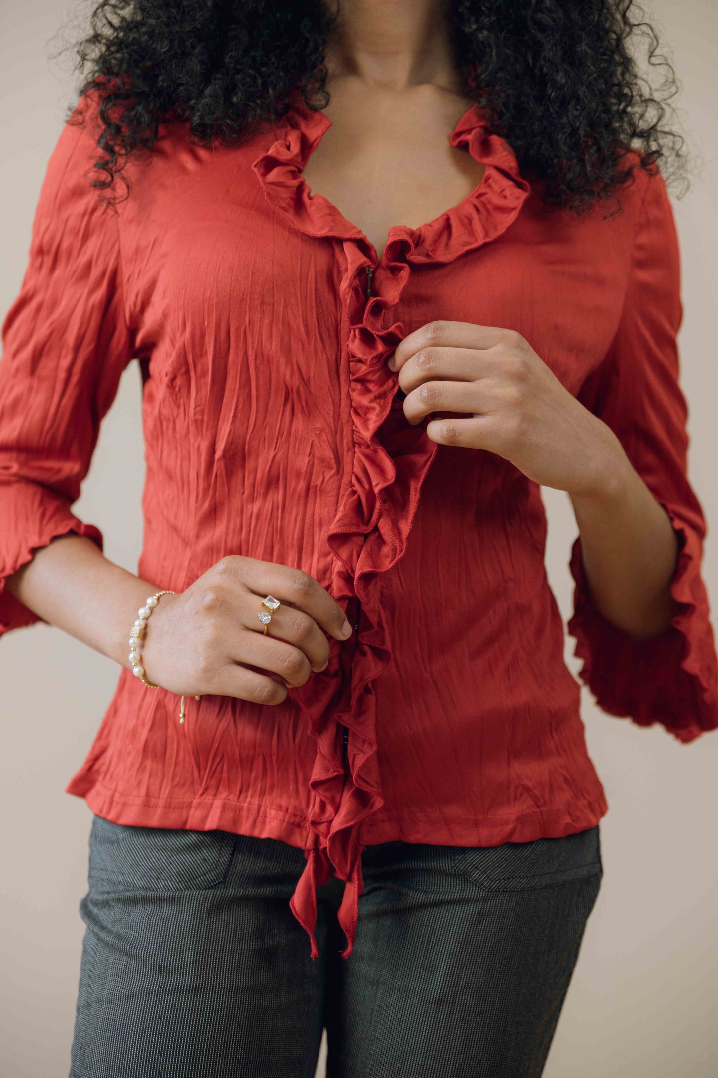 Hook front ruffle blouse
