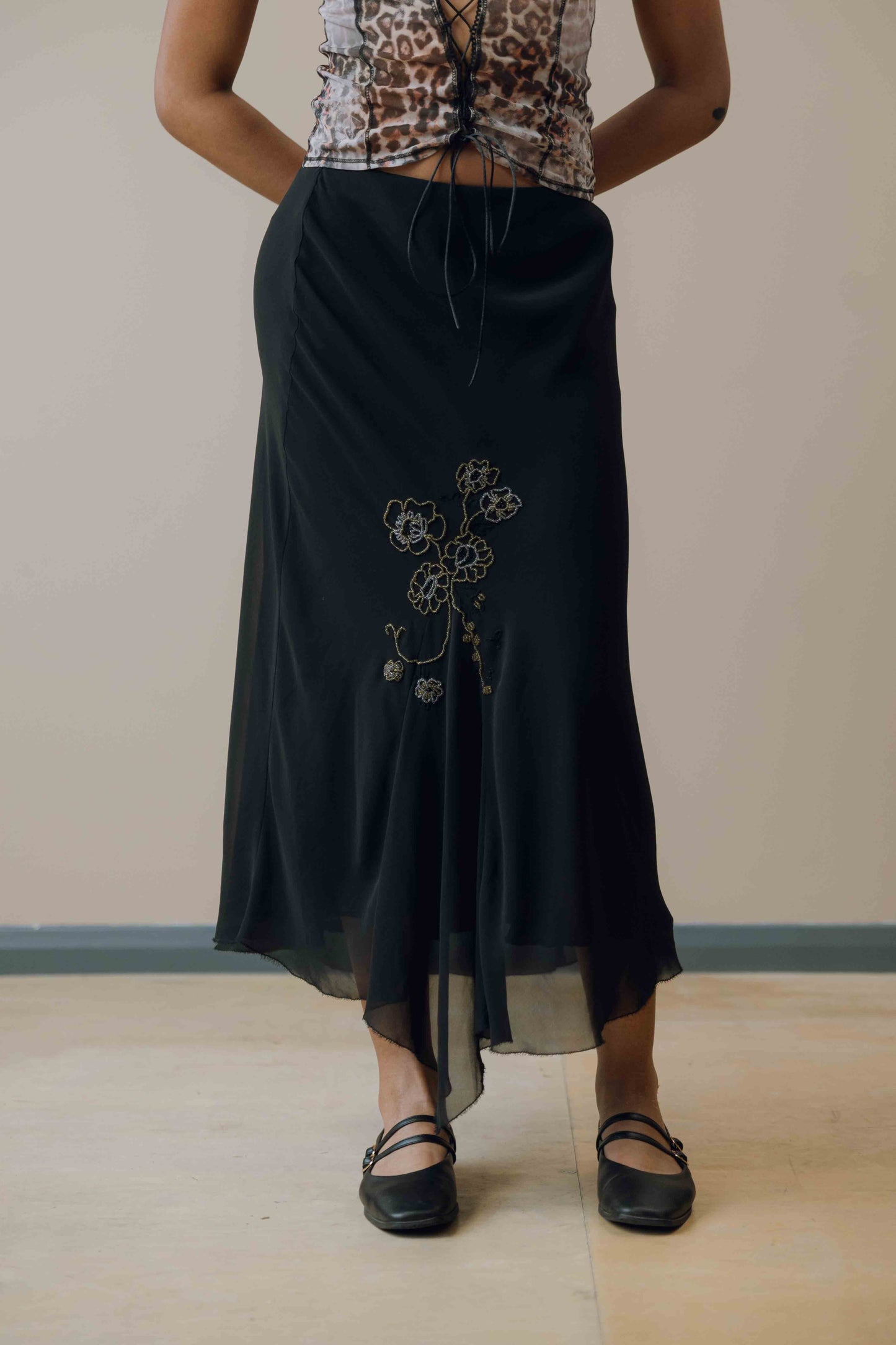 Bead embroidered mesh midi skirt