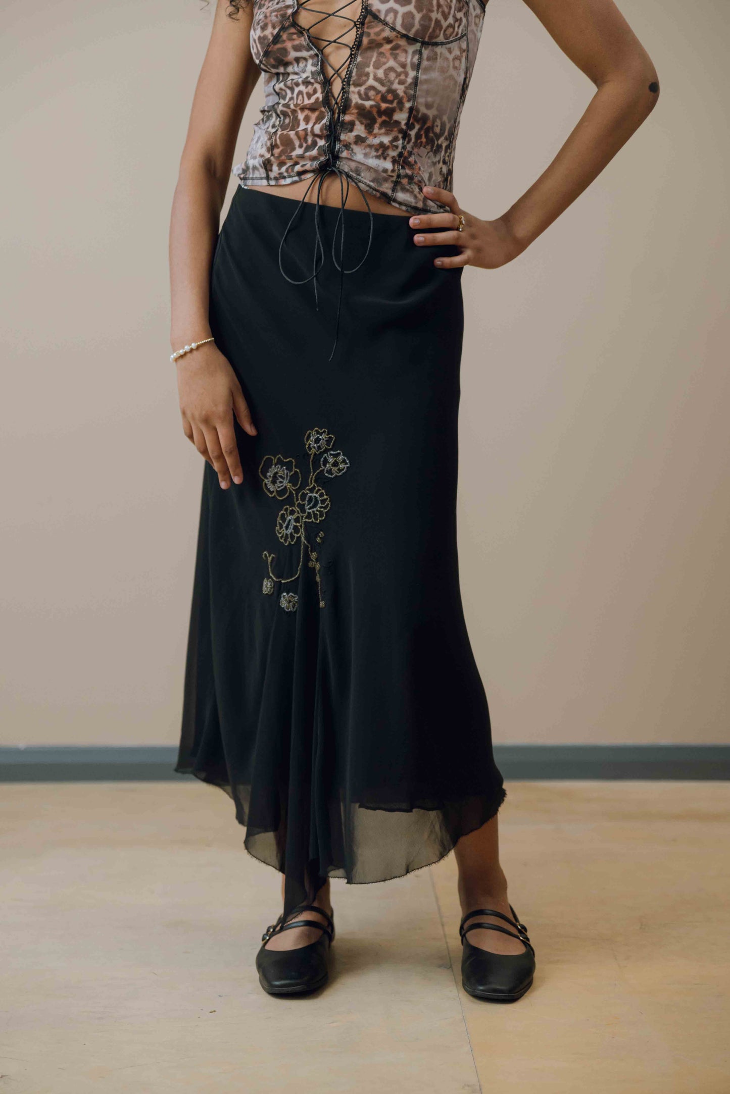 Bead embroidered mesh midi skirt
