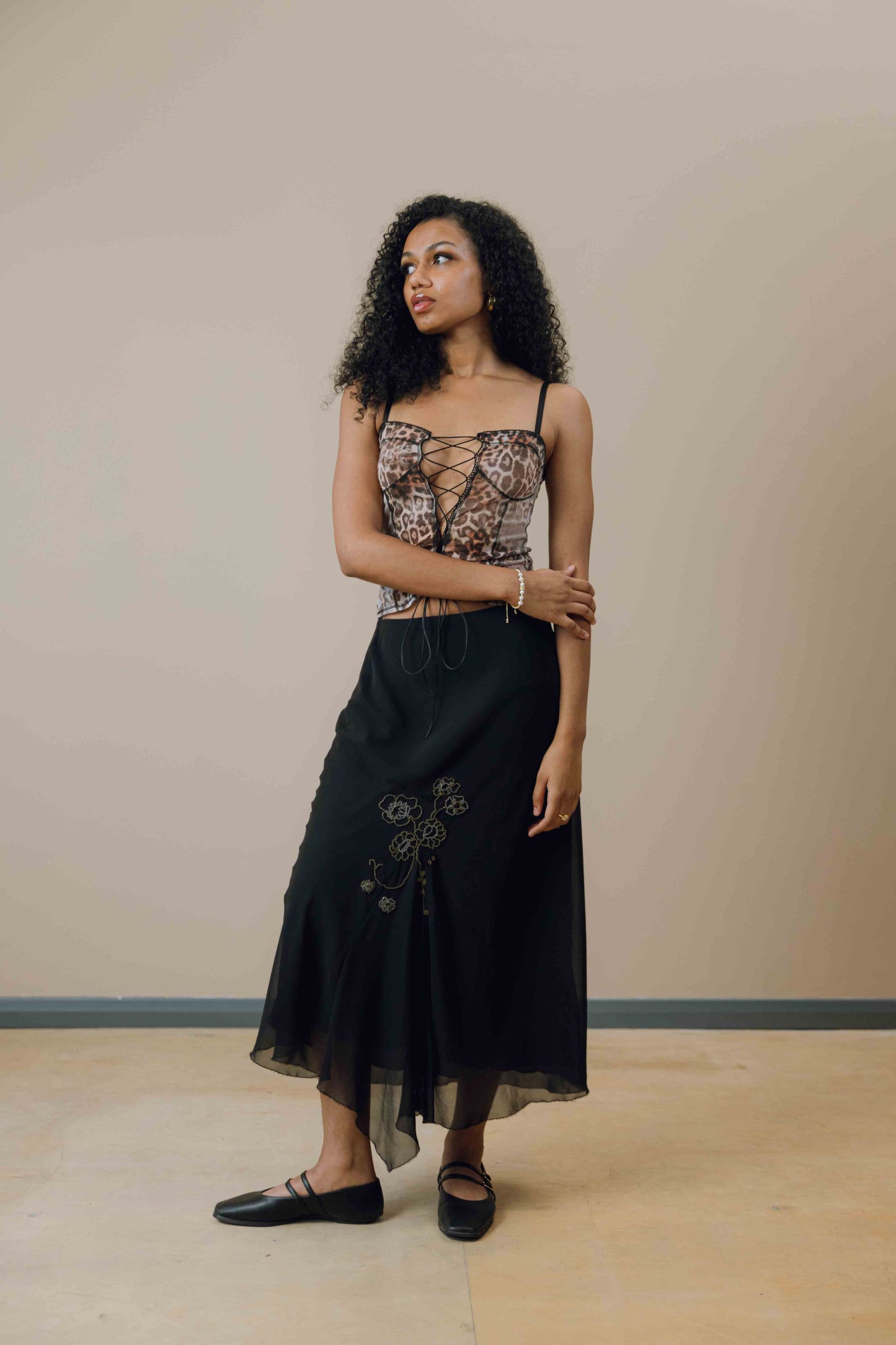 Bead embroidered mesh midi skirt