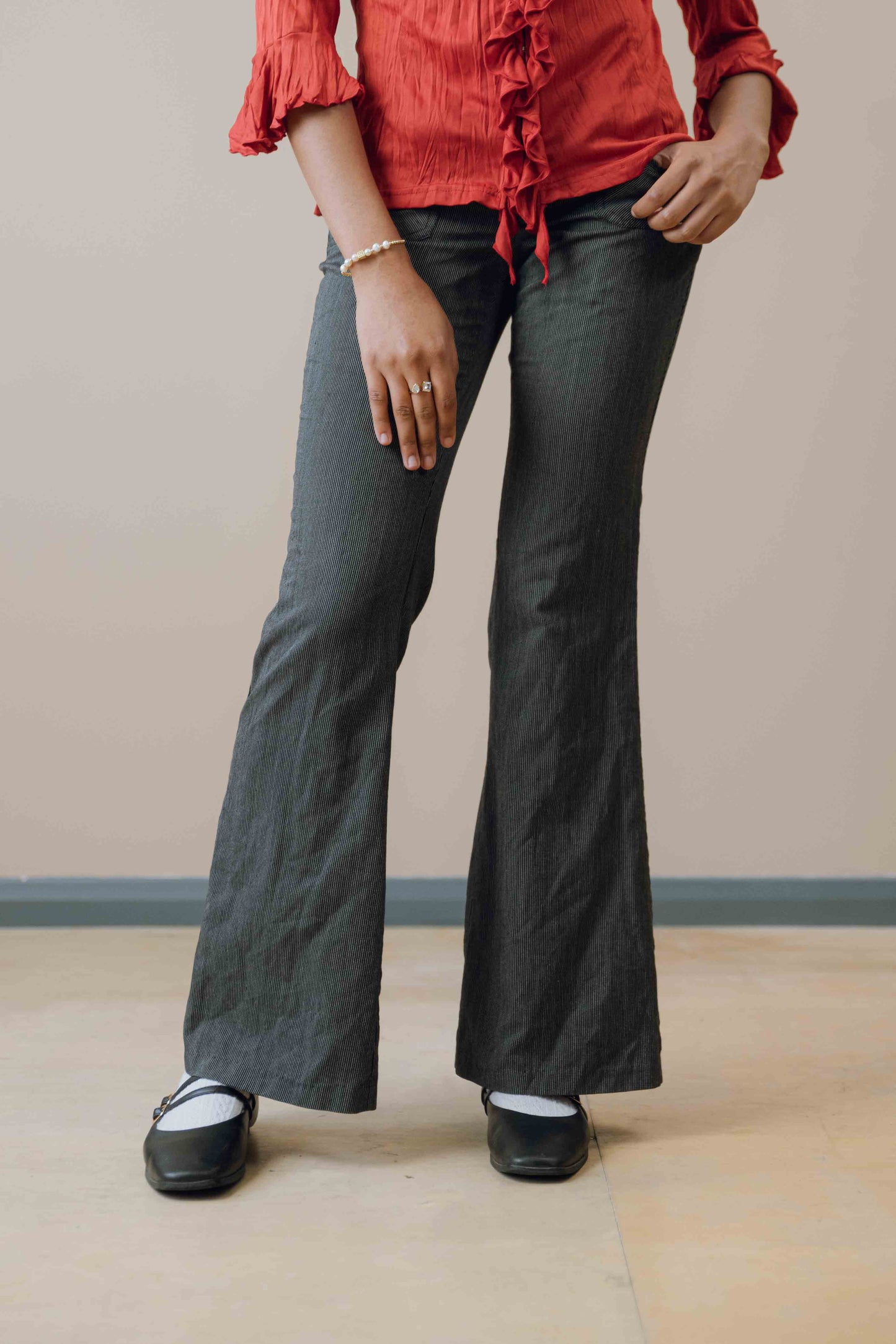 Low rise pinstripe trousers